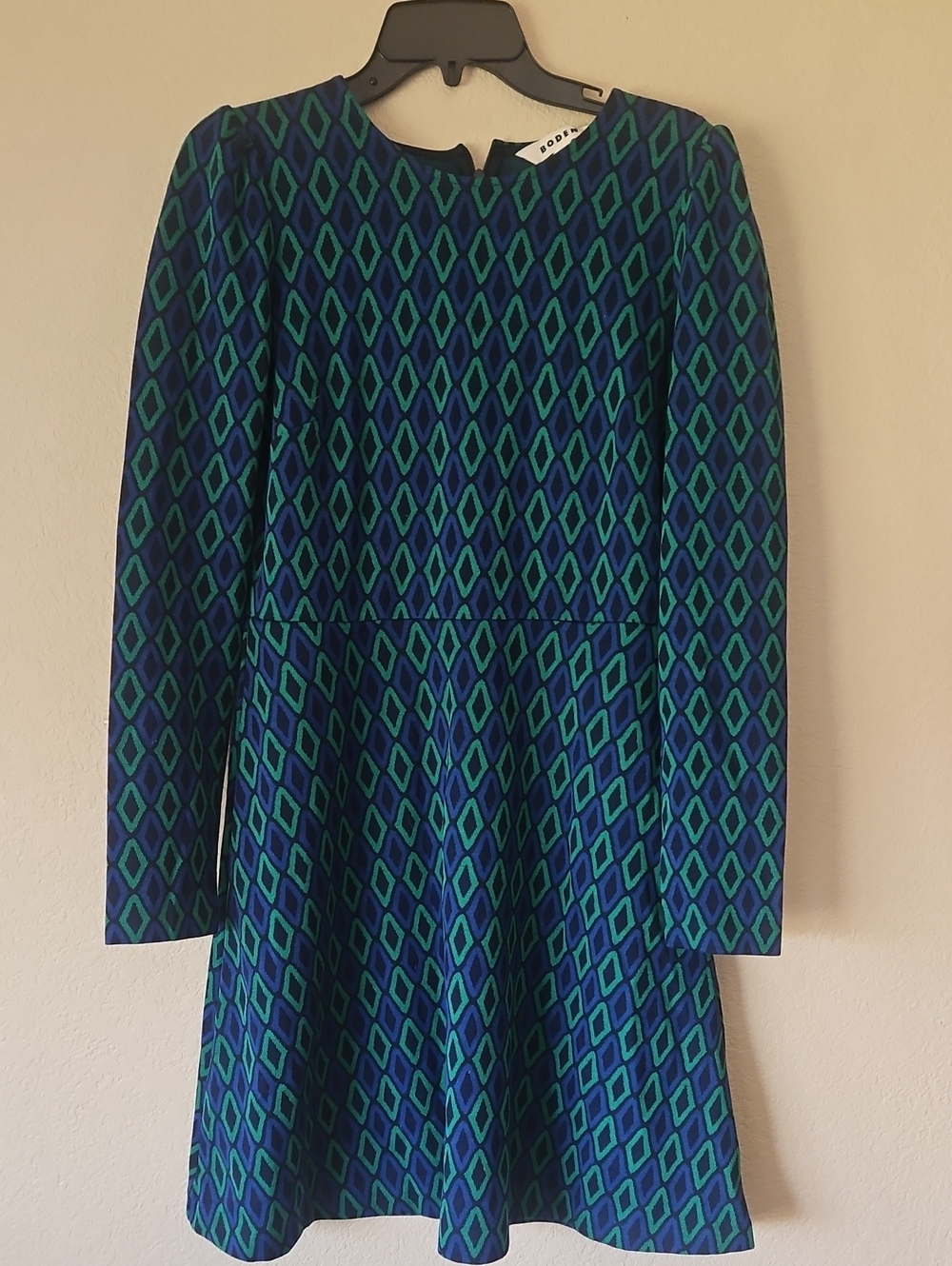 Boden Blue & Green Geometric Long-Sleeve Fit-and-Flare Dress Size 8 US